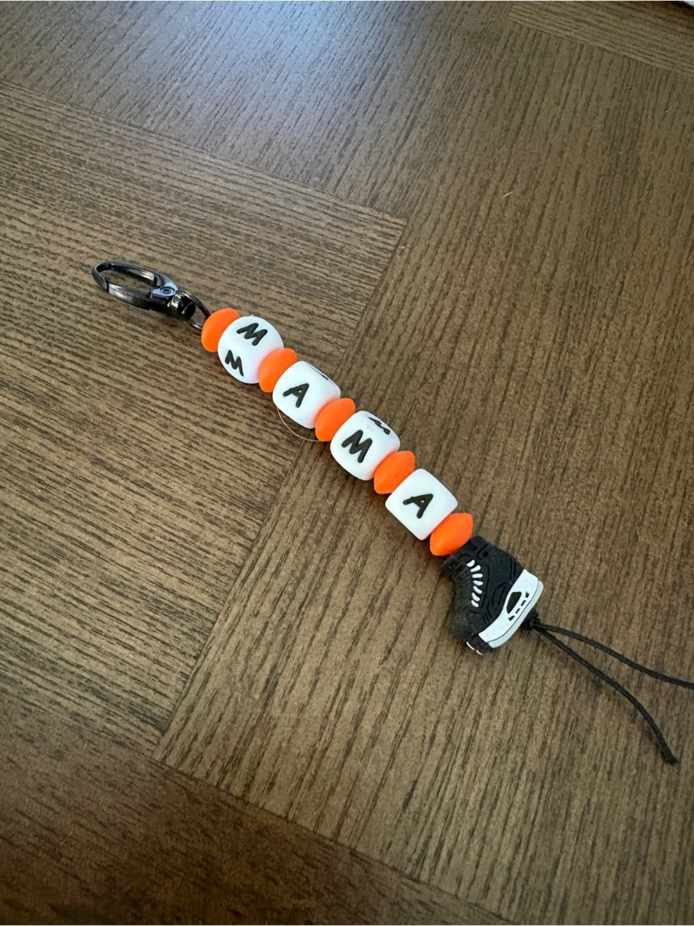 Mama Beaded Orange and White hockey keychain